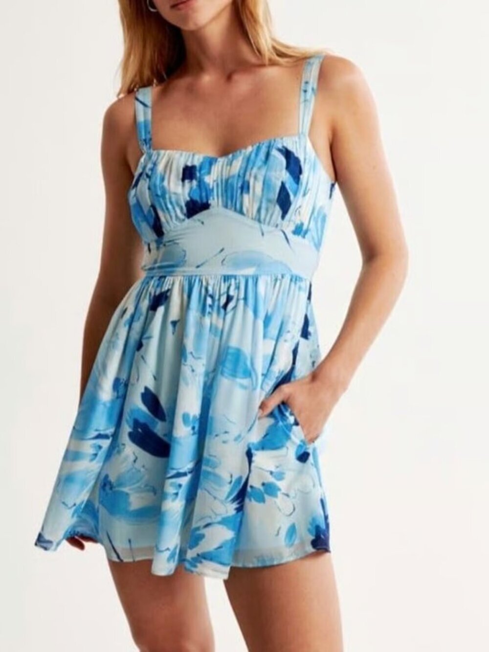 Abercrombie & Fitch Floral Ruched Mini Dress Party Cottagecore Blue - NWT - XL